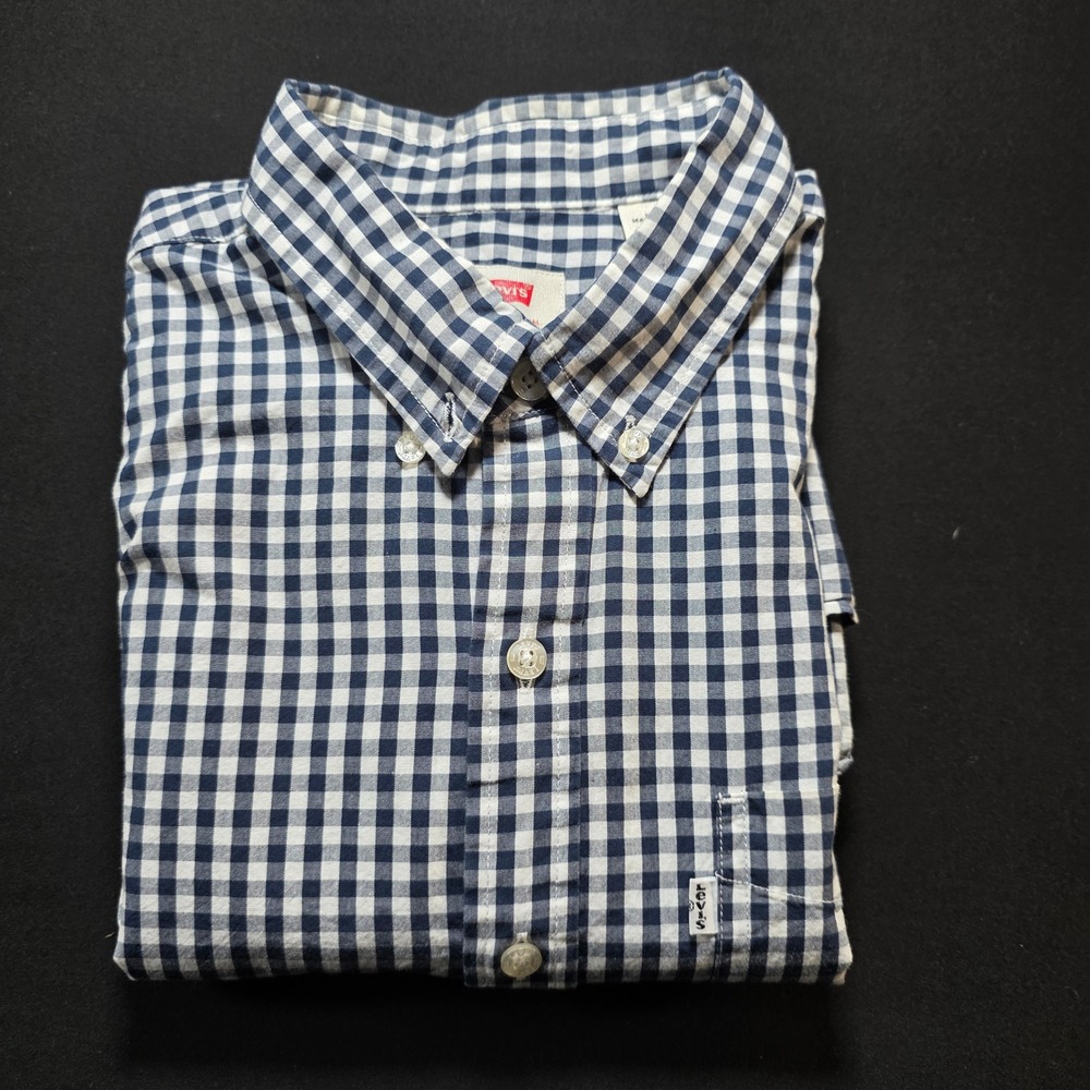 Levis Mens‎ Navy White Gingham Check Button Down Long Sleeve Shirt Medium M